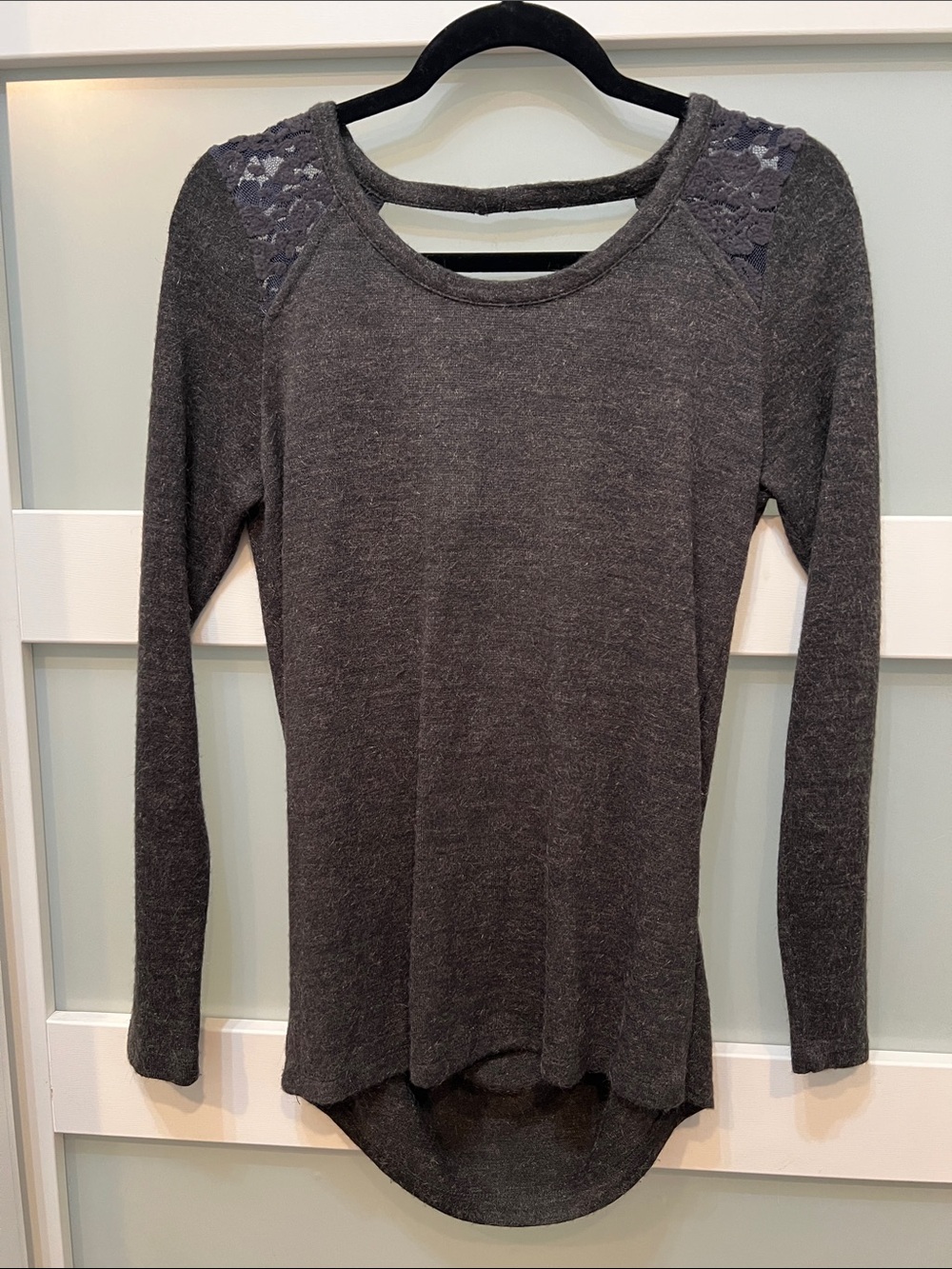 Double Zero Charcoal Gray Lace-Shoulder Long Sleeve Top